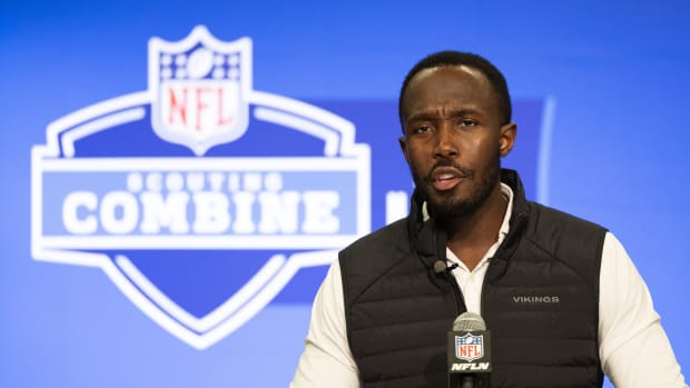 Feb 27, 2024; Indianapolis, IN, USA; Minnesota Vikings general manager Kwesi Adofo-Mensah talks to the media at the 2024 NFL Combine at Indiana Convention Center.